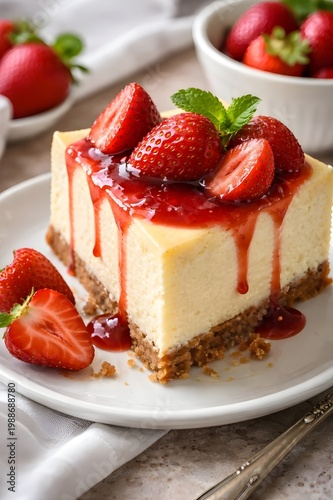 Strawberry cheesecake slice with fresh berries and sauce