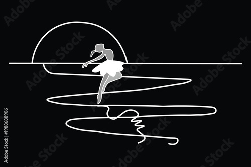 Minimalist ballerina line art vector, elegant ballet dancer silhouette at sunset, graceful female performer on stage, artistic white line drawing on black