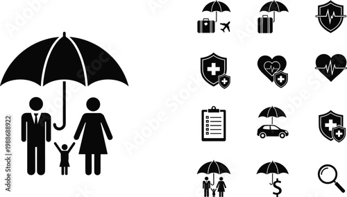 Comprehensive insurance services icon set featuring family protection, medical healthcare, travel security, car coverage, life insurance, and financial safety concepts in black silhouettes.