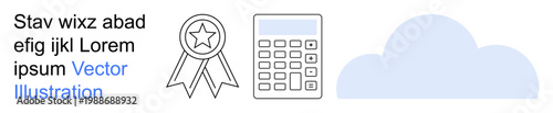 Achievement, education, cloud technology, analytics, finance, learning tools. Award badge, calculator and cloud symbol arranged with placeholder text. Achievement and education concepts