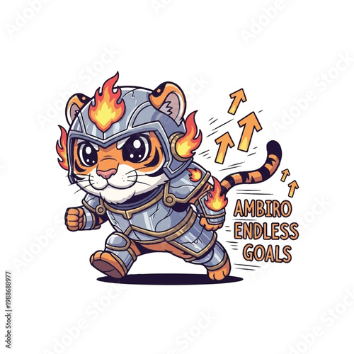 Cute tiger warrior with armor and flames running forward.