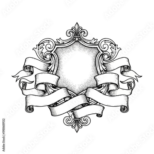 Ornate Blank Heraldic Shield with Ribbons Vintage Style.