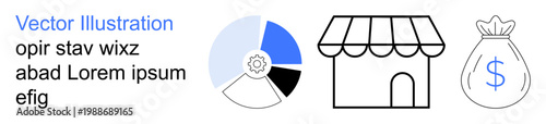 Business strategy, financial planning, economic growth, e-commerce, investment decisions, entrepreneurship. Pie chart, store icon money bag symbol. Business strategy and financial planning concepts