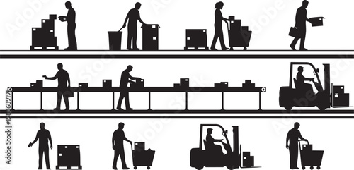 Warehouse workers silhouettes logistics shipping loading boxes forklift and conveyor production line vector illustration set