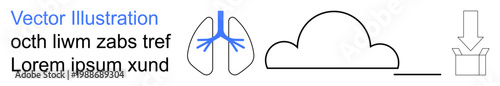 Healthcare, cloud computing, storage, downloads, technology, and information sharing. Features lungs, a cloud and a download arrow in a line art style. Healthcare and cloud computing concept