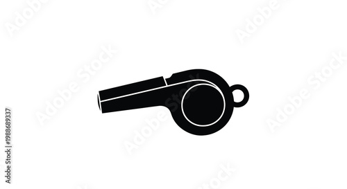 A simple black silhouette of a sports whistle against a stark white background is shown