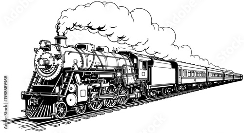 Train steam locomotive with vintage design and passenger cars on tracks featuring rail, transportation, travel with retro and classic elements for