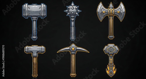 A collection of fantasy medieval weapons on a black background