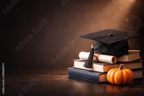 Graduation cap with books and pumpkin on dark background with copy space