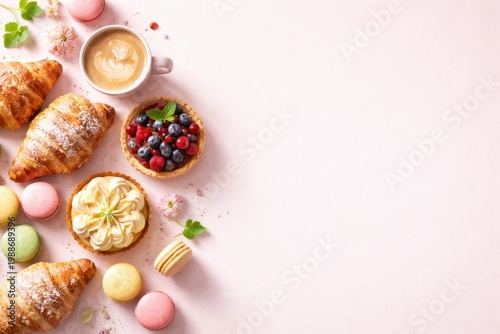 Croissants with coffee berries and sweets on light background with copy space