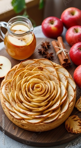 Artfully arranged apple tart and spiced cider with whole fruit garnish