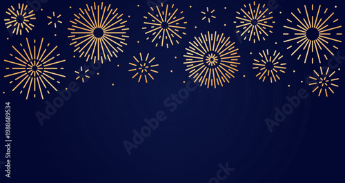 Fireworks background. Celebration, winner, New year party, anniversary decoration for poster, card, banner design. Simple gold sunburst in flat style. Vector illustration