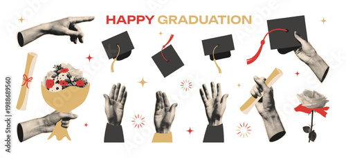 Happy Graduation halftone collage elements set. Trendy pop art hands holding diploma, flowers, throwing up caps. Paper cutout sticker for graduation Party, celebrating in college, high school. Vector.