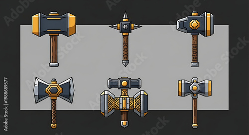 A collection of fantasy medieval battle axes and hammers
