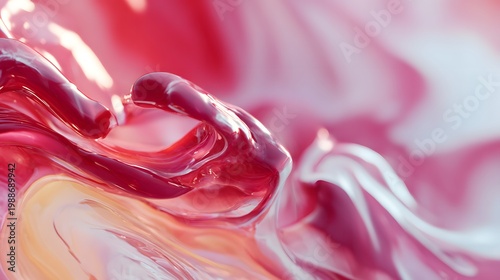 Dynamic abstract fluid art composition showcasing glossy red, pink, and white liquid waves creating a mesmerizing, smooth, and vibrant flowing texture in beautiful motion.