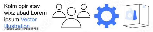Teamwork, collaboration, tech innovation, process development, engineering ideas, business strategies. Three people icons, gear symbol and 3D cube with an image. Teamwork and innovation concepts