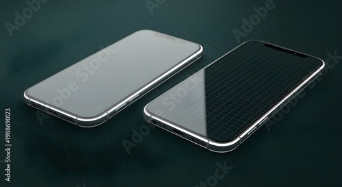 Two modern smartphones displaying blank screens on a dark surface