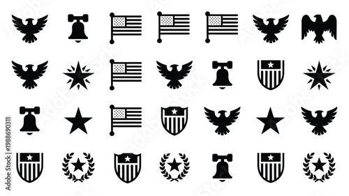 Patriotic logo icons featuring eagles flags stars shields and liberty symbols in minimalist black and white design