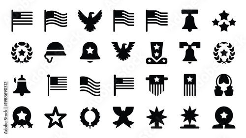 Black and white modern flat vector icons showcasing patriotic symbols including flags eagles helmets and wreaths for national pride themes