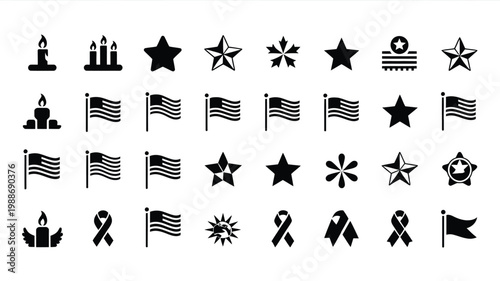 Vector icon set featuring patriotic symbols flags stars ribbons and candles in a minimalistic black and white design