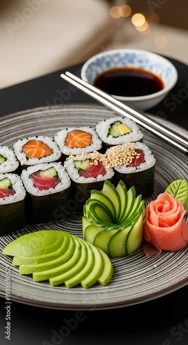 Artfully arranged sushi rolls with fresh salmon, tuna, avocado, cucumber, and ginger