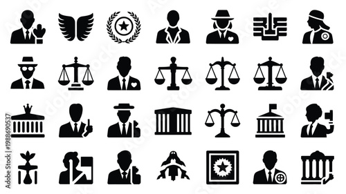Minimalist black silhouette collection of legal and government symbols with figures holding scales of justice and symbols of authority