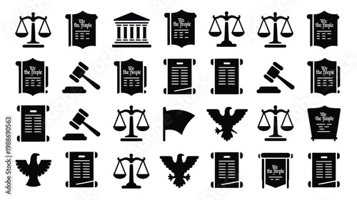 Black and white vector illustration of justice symbols including scales gavel law books and court building icons