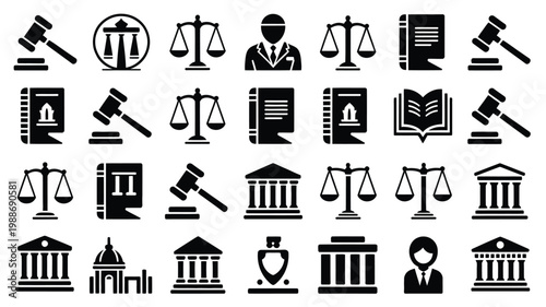Black silhouette legal icons featuring judges gavels scales books and courthouses for law concepts