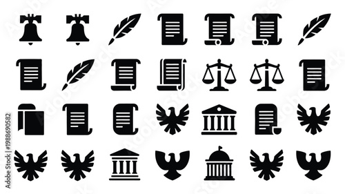 Clean vector illustration showcasing scrolls feathers eagles and justice scales in black and white design symbolizing law and government