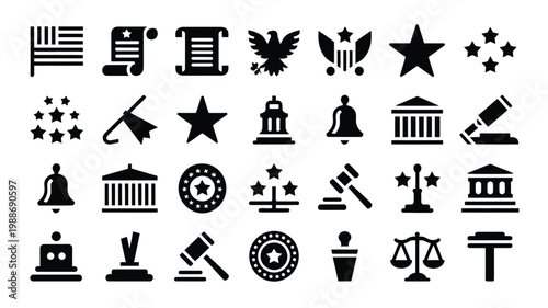 Black and white icon collection featuring flags documents eagles stars and symbols of justice and law