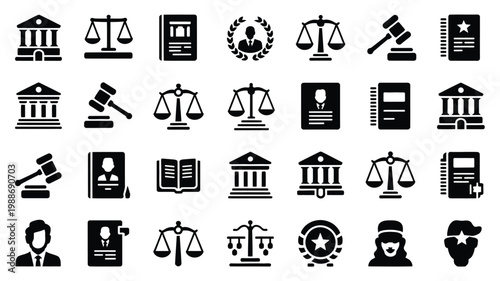 Set of monochromatic law and justice silhouette icons including scales gavel courthouse book and judge