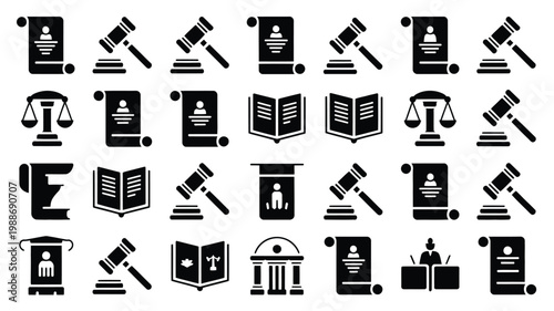 Black and white legal icons featuring gavels books scales and documents symbolizing justice and law concepts