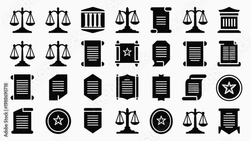 Monochromatic collection of justice scales legal documents and historical symbols for law and governance themes