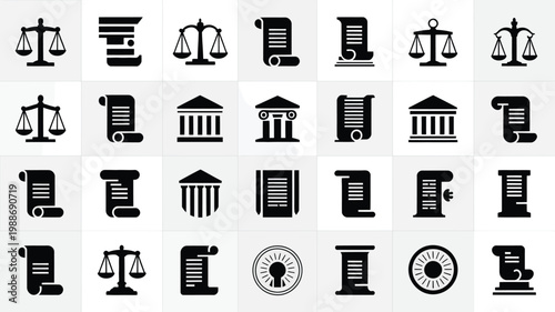 Black and white vector icons of justice scales law books and courthouses arranged in a flat grid style on a light background