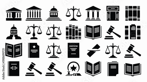 Black silhouette icons of justice law and legal books scales gavel and government buildings for legal concepts