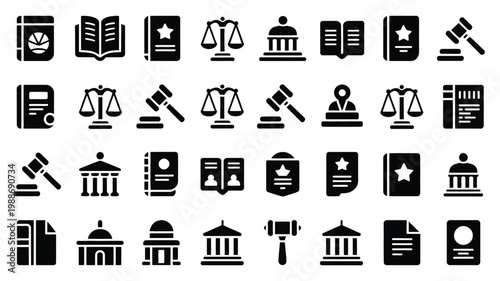 Black silhouette icons of law books scales of justice gavels and courthouses symbolizing legal and justice concepts