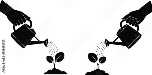 Hands watering plants with watering can, growth and nurturing symbol.