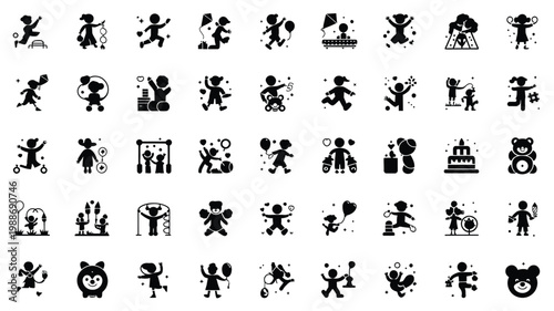 Black silhouette icons depicting various human figures engaging in diverse activities isolated on white background minimalist design style multiple professions and hobbies