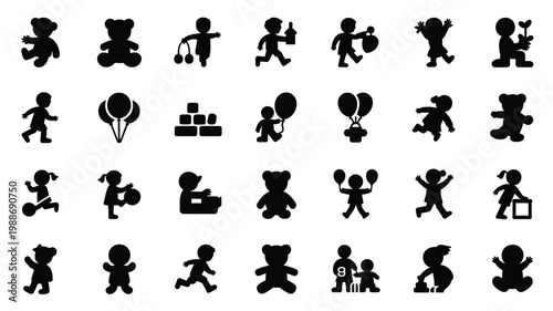 Playful black silhouette icons of children and toys engaging in various activities including running jumping and playing with balloons and teddy bears arranged in a grid
