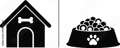 Black silhouette of dog house and bowl of food on transparent background.