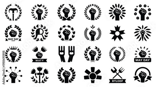Set of 30 may day themed silhouette logos featuring raised fists laurel wreaths gears and symbols in minimalist black and white designs