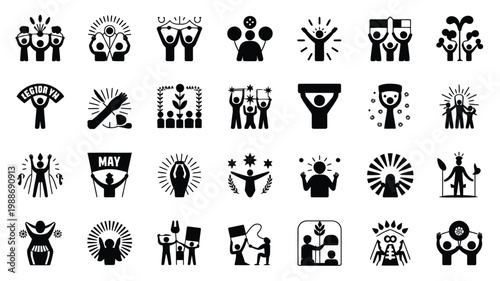 Black silhouette icons representing may day themes including workers protests solidarity and celebration symbols in a minimalist style