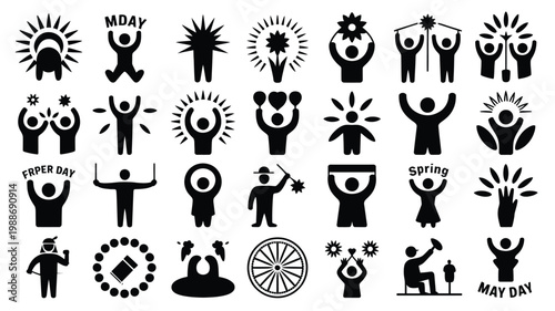 Black silhouette icons of may day celebrations featuring people dancing holding flowers and symbols of spring and unity in a minimalist style