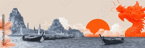 Traditional boats floating near temple with dragon graphic