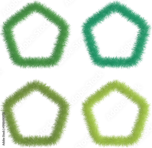 Green grass pentagon frames with soft fuzzy texture. Organic botanical outline shapes for eco design elements. Decorative vector set isolated on light background.