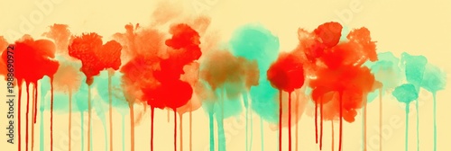 Abstract paint blooms dripping on soft beige background