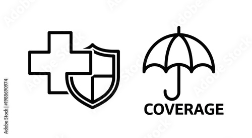 Health insurance and medical coverage icon set with shield and umbrella insurance coverage umbrella protection healthcare security prevention