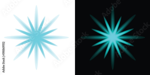 Two abstract starbursts one light blue on white the other teal on black