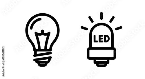 Standard incandescent lightbulb and modern led lighting technology icons with energy efficient lightbulb lighting efficiency electric technology