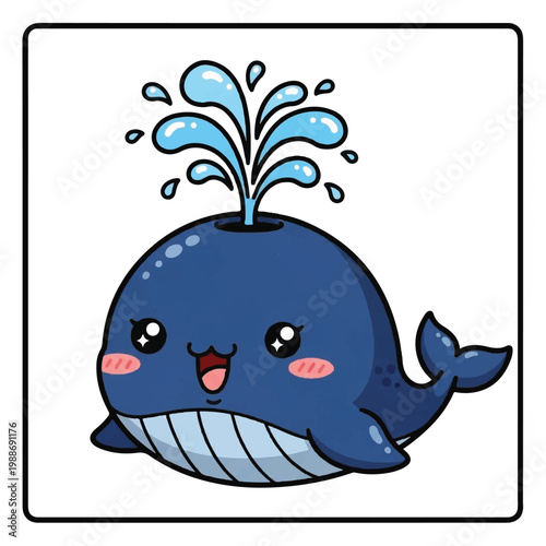 Cute cartoon whale spouting water with happy expression.